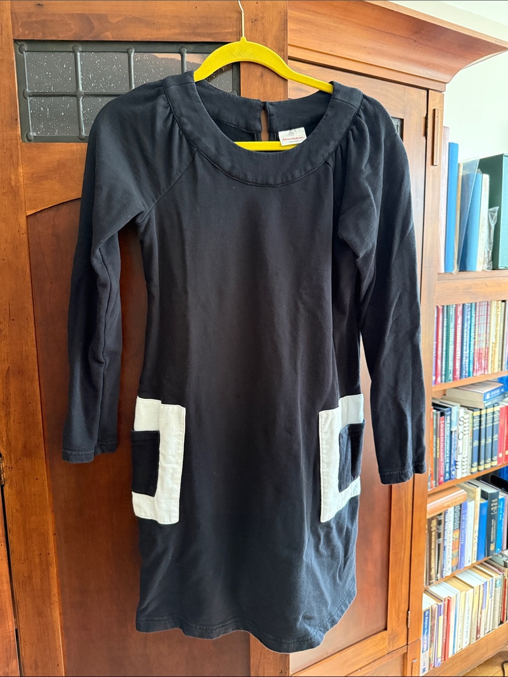 Hanna Andersson Black Long-Sleeve Dress with White Pocket Trim